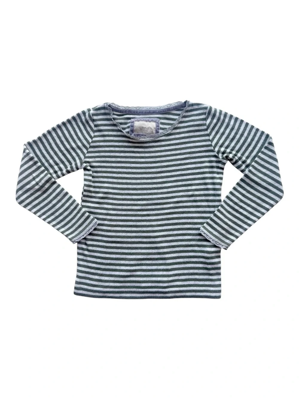 Mini Boden Striped Pointelle Long Sleeved Tee Green and White Size 5/6